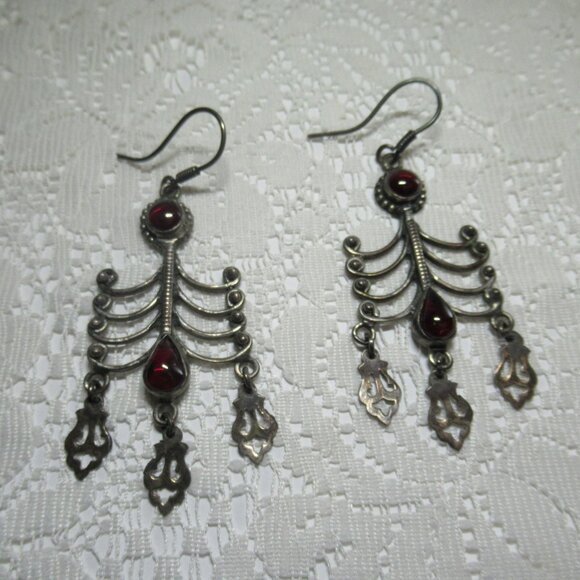 Vintage Sterling Silver 925 Garnet Dangle Earrings Boho Ethnic Tribal Cabochon - Picture 4 of 16